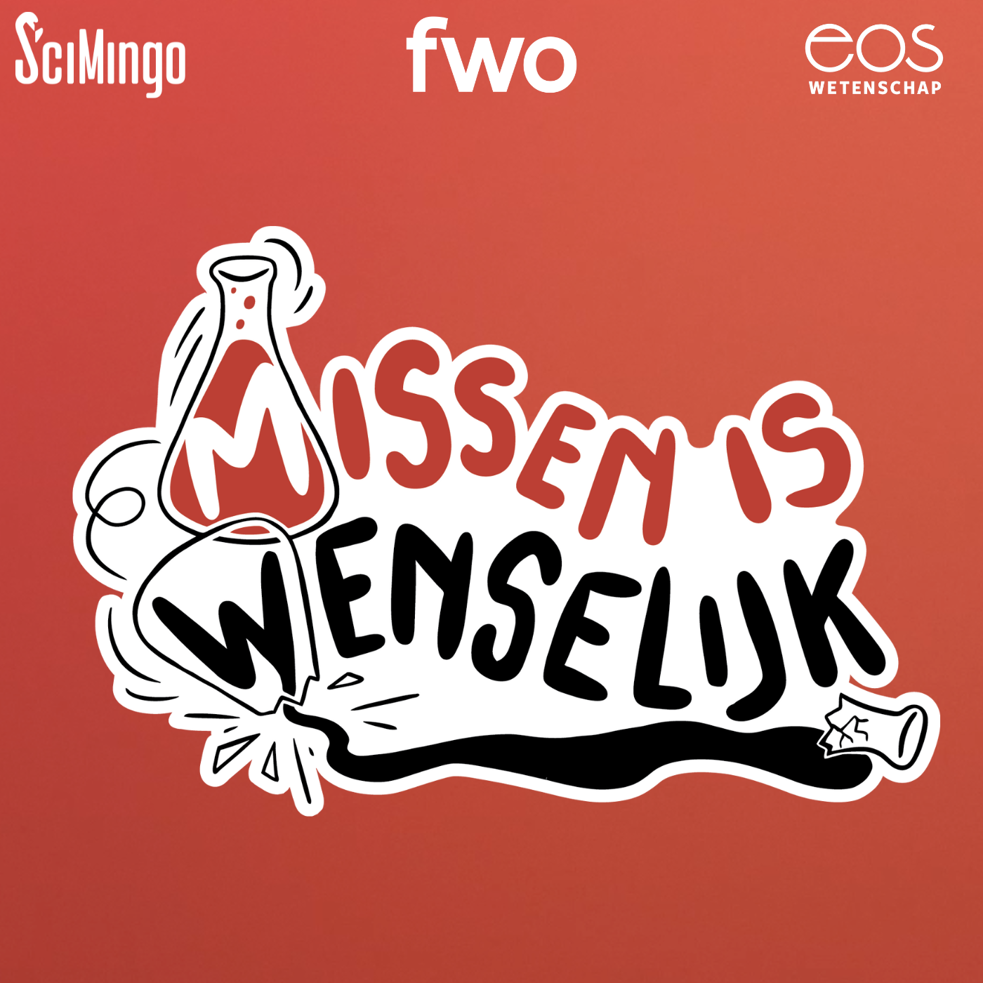 Speelse, kleurrijke tekst met de boodschap 'Missen is wenselijk', naast een afbeelding van een laboratoriumkolf.