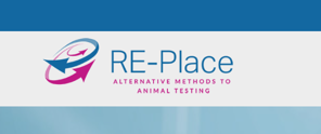 Logo of RE-Place featuring the text RE-Place and the subtitle Alternative methods to animal testing, displayed against a blue background.