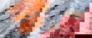 Vers gesneden zalm en stukjes rood vlees liggen op een bed van ijs.